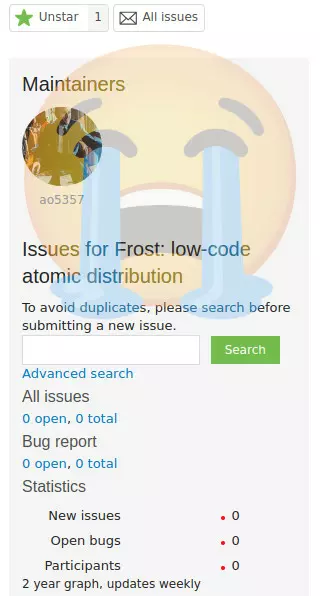screenshot of frost project page stats with a crying face emoji overlay